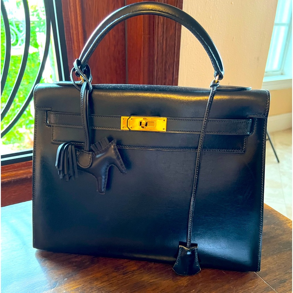 HERMES Vintage Kelly Bag Box Calf Sellier 32 cm. Black Gold Hardware COLLECTIBLE